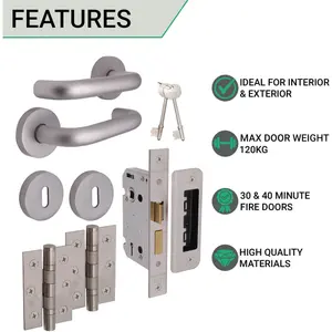 AFIT Satin Aluminium Return To Door Lever on Rose Handle Sash Lock Kit - 76mm Hinges