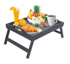 Bamboo Bed Tray Table With Handles & Foldable Legs, Multipurpose Lap Tray, Grey