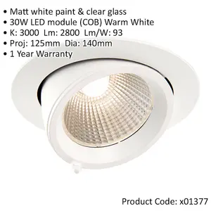 Fully Adjustable Recessed Ceiling Downlight - 30W Warm White LED - Matt White