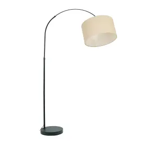 ValueLights Louis Black Arched Curved Floor Lamp with Natural Fabric Drum Lamp Shade and LED Bulb