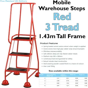 3 Tread Mobile Warehouse Steps RED 1.43m Portable Safety Ladder & Wheels