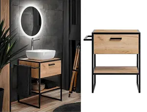 Bathroom Vanity Unit 700 Countertop Sink Floor Standing Cabinet Black Metal Oak Loft Industrial Freestanding Brook