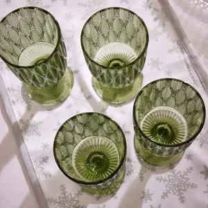 Set of 4 Vintage Luxury Green Trailing Leaf Drinking Goblet Glasses 350ml