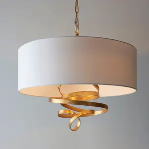 Gold Leaf Ribbon Ceiling Pendant Light & Ivory Shade 3 Bulb Hanging Lamp Fitting