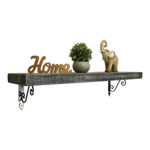 Solid Wood Handmade Rustical Shelf Monochrome 175mm 7 inch with Silver Metal Bracket WOZ Length of 90cm