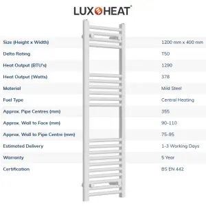 Towel Radiator Rail 1200 x 400 for Central Heating with White Finish