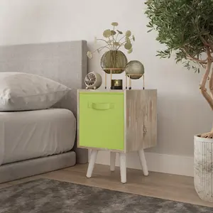 URBNLIVING 50cm Height Green 1-Drawer Cube Antique Oak Shelving Unit with Scandinavian White Legs