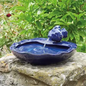 Glazed Blue Ceramic Fish Solar Powered Water Feature - Outdoor Garden Decorative Koi Carp Water Fountain - H16 x W37 x D32cm