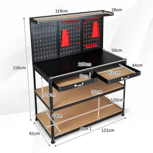 COSTWAY Workbench w/ Pegboard 120 CM Garage Worktable Tool Organizers w/ Drawers