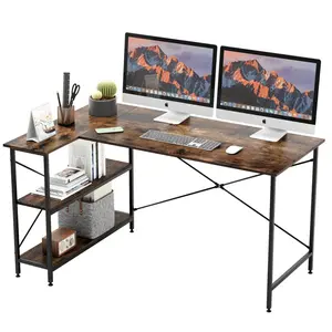 L-Shaped Desk (120 or 140cm x 90cm) Corner Desk with Adjustable Shelves by Aliff Rustic Brown / 74cm H x 140cm W x 90cm D