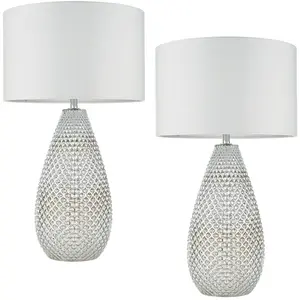 2 PACK Modern Textured Table Lamp Chrome Glass Base & White Shade Bedside Light