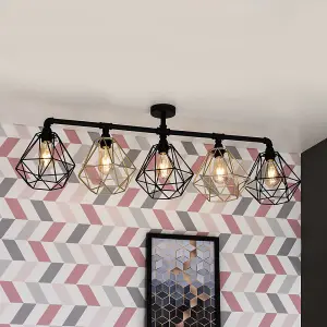 ValueLights Luiggi Industrial 5 Way Satin Black Pipework Ceiling Light with Black and Gold Cage Shades