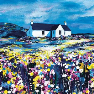 Avril Thomson Smith Rig Cottage Framed Canvas Print Blue/Yellow/White (60cm x 60cm)