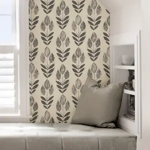 NuWallpaper NUS2459 Folk Tulip Peel & Stick Wallpaper, Charcoal