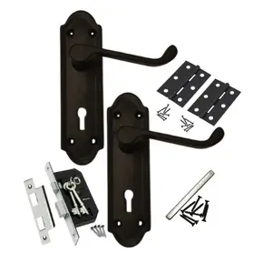 Ashford Door Handle Key Lock Scroll Lever - Matt Black Chrome Key Lock Hinge Pack