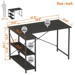 L-Shaped Desk (120 or 140cm x 90cm) Corner Desk with Adjustable Shelves by Aliff Black / 74cm H x 120cm W x 90cm D