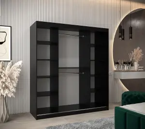 Torino Mirrored Sliding Door Wardrobe in Black Matt - Opulent Bedroom Furniture (H)2000mm  (W)1800mm x (D)620mm)