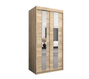 Stylish Oak Sonoma Pole Sliding Door Wardrobe W1000mm H2000mm D620mm - Mirrored Storage with Silver Handles