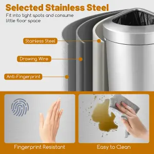 Costway 60L Corner Trash Can Rubbish Bin Stainless Steel Stay Open Rubbish Can