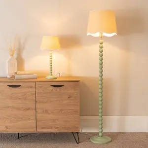 ValueLights Bobbins Sage Green Table Lamp with Linen Scallop White Trim Shade and LED Bulb