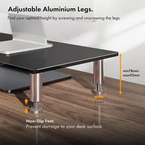 VonHaus XL Glass Monitor Stand for Desks - Height Adjustable Screen Riser - Dual Monitor Mount - Black Glass with Aluminium Legs