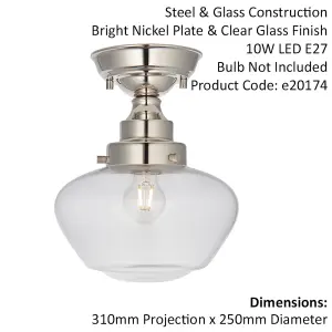 Polished Nickel Semi Flush Ceiling Light Fitting & Clear Glass Shade Low Profile