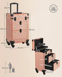 SONGMICS Beauty Case with 4 Removable Universal Wheels, Makeup Case, Rose Gold