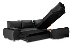 NEW CORNER SOFA BED WITH STORAGE ENZO RIGHT BLACK FAUX LEATHER