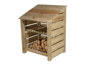 Slatted wooden log store with kindling shelf W-99cm, H-126cm, D-88cm - natural (light green) finish