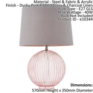 Table Lamp Dusky Pink Ribbed Glass & Charcoal Linen 40W E27 Bedside Light