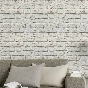 GoodHome Vulpin White Brick Smooth Wallpaper