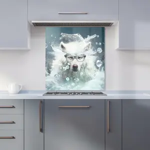 White Wolf With Glasses Splashart Premium Glass Kitchen Splashback W600mm x H650mm