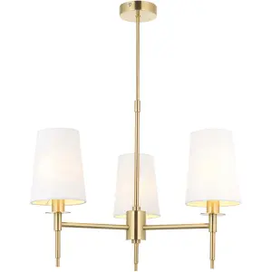 Multi Arm Hanging Ceiling Pendant Light - Satin Brass Plate & Vintage White Fabric Shade - 3 x 6W LED E14