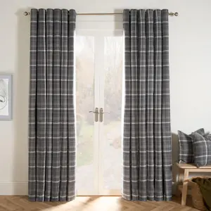 Woven Check Print Pair of Curtains, Charcoal - 46 x 72