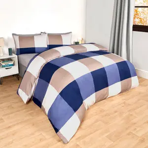 Gingham Check Duvet Cover Bedding Quilt Set Reversible, Navy/Beige - Superking