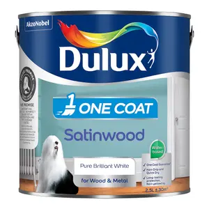 Dulux One Coat Pure Brilliant White Satinwood Metal & wood paint, 2.5L