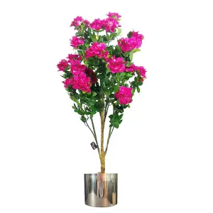 100cm Realistic Artificial Azalea Pink Flowers Potted Plant with Silver Metal Planter