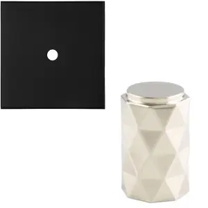 Cabinet Door Knob & Contrasting Backplate Set - Diamond Kitchen Pull - Polished Nickel & Black