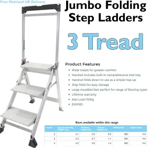 0.7m PREMIUM JUMBO Folding Step Ladders 3 Tread Anti Slip Aluminium Safety Steps