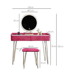 Tokyo Glow Raspberry Velvet Dressing Table with LED Touch Sensor Mirror