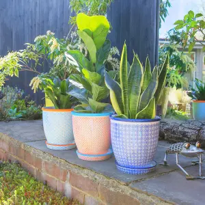 Nicola Spring - Hand-Printed Plant Pots with Saucers - 20.5cm - Navy - Pack of 3