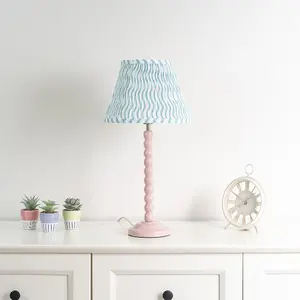 ValueLights Bobbles Rose Pink Bobbin Table Lamp with Green Arrow Pleated Shade - LED Bulb Included