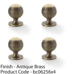 4 PACK - Reeded Ball Door Knob - 32mm Diameter Antique Brass Lined Cupboard Pull Handle