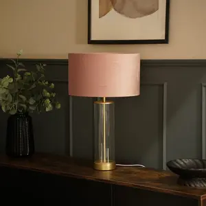 Simonetta Matt Gold and Clear Tube Table Lamp with Blush Velvet Reni Shade and 6W GLS Warm White Bulb Gold / Blush / No