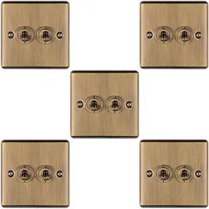 5 PACK 2 Gang Double Retro Toggle Light Switch ANTIQUE BRASS 10A 2 Way Plate