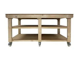 Workbench MDF top, large heavy-duty table (H-90cm, D-90cm, L-180cm) with wheels and double shelf