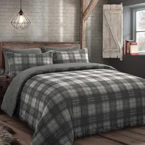 Velosso Check Teddy Warm And Cosy Duvet Cover And Pillowcase Set - Grey