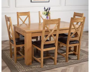 Dakota 152 x 87 cm Chunky Medium Oak Dining Table and 6 Chairs Dining Set with Berkeley Brown Leather Chairs