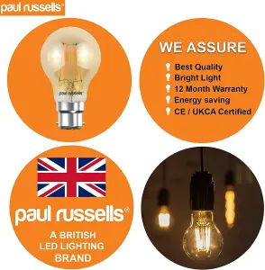 paul russells LED Filament GLS Bulb, 6.5W 650 Lumens, 50w Equivalent, 2200K Extra Warm White Amber, Pack of 6