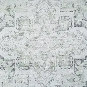 Silver Grey Green Distressed Bordered Medallion Anti Slip Washable Rug 160x230cm